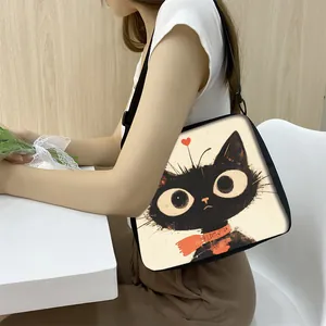 Chic underarm tote bag with cute cartoon black cat illustration and adjustable strap