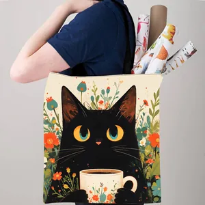 Grand Sac Fourre-Tout en Polyester pour Femmes Mignon Chat Dessin Animé Imprimé Floral Pliable Écologique Sac à Bandoulière Shopping Voyage Quotidien