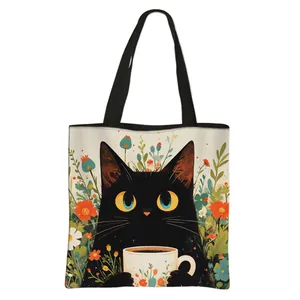 Grand sac fourre-tout en toile avec chat noir mignon et motifs de fleurs sauvages