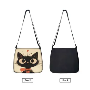 Minimalist cat tote bag with cute black kitten print, front and back view display