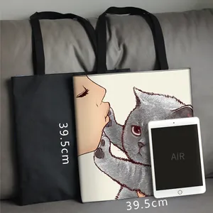Cat print polyester tote bag with 39.5cm dimensions and large capacity for women