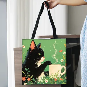 Grand sac cabas en toile avec illustration de chat mignon et doubles anses noires