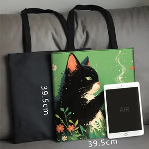 Sac fourre-tout chat noir mignon grande capacité vert avec motifs floraux élégants
