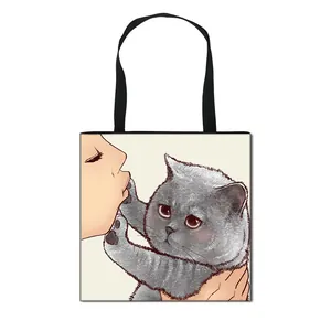 Cat printed tote bag for women featuring a minimalist polyester shoulder bag design