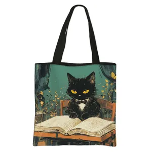 Grand sac cabas pliable en toile avec illustration vintage de chat noir lisant et anses noires