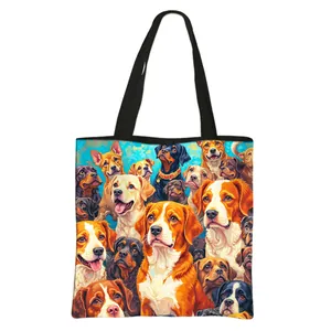 Bolso de poliéster de gran capacidad con estampados coloridos de cabezas de perro tipo dibujo