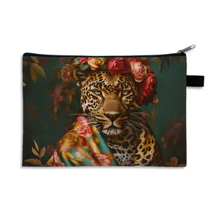 Moderne Kulturtasche mit Leopardenmuster, Blumenkrone und großem Reißverschlussfach