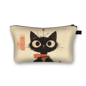 Grande trousse à maquillage en polyester avec illustration artistique de chat noir