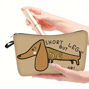 Dachshund pattern beige cosmetic bag with zipper and hand-held view for travel