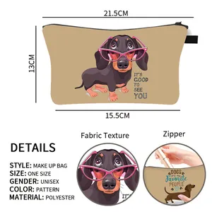 Detail showing polyester fabric texture and black zipper of the dachshund cosmetic bag