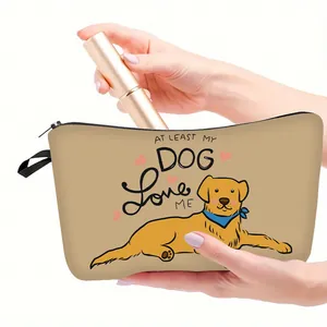 Dachshund pattern makeup bag with 'At Least My Dog Loves Me' print and zipper