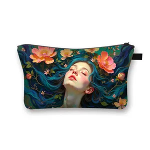 Artistic polyester makeup bag with woman and floral illustration and black handle