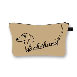 Minimalist dachshund pattern makeup bag with black zipper on white background