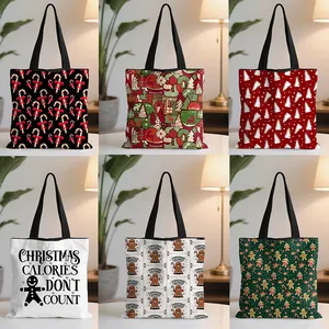 Christmas Tote Bag Festive Gingerbread Man Candy Cane Print Polyester Reusable Shoulder Shopping Bag Holiday Gift For Women