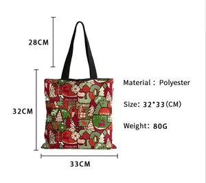 Detailed specs of Christmas tote bag with holiday print, 32x33cm polyester shoulder bag