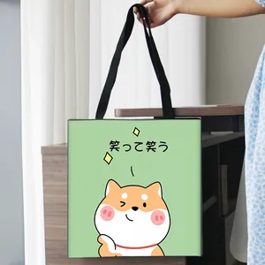 Sac fourre-tout vert en toile avec imprimé chien Shiba Inu et anses noires mode