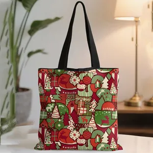 Christmas canvas tote bag with festive cartoon reindeer and tree prints for holiday gifts
