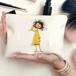 Close-up of canvas makeup bag with hand-drawn girl illustration and smooth zipper