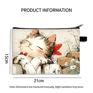 Trousse à maquillage en toile avec imprimé chat aquarelle et fermeture zippée noire