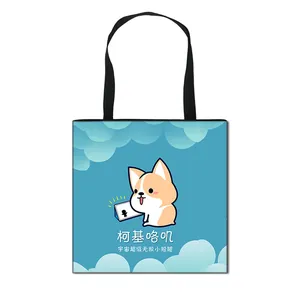 Sac fourre-tout en toile bleu ciel avec imprimé corgi mignon et poignées noires