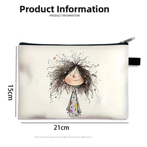 Rectangle travel makeup bag with cartoon girl print and zipper, size 21cm by 15cm