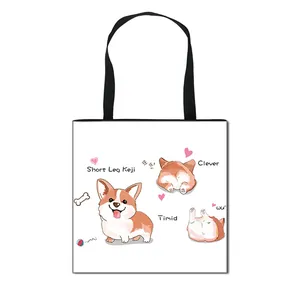 Sac fourre-tout en toile avec motifs de chiens Corgi mignons et anses noires