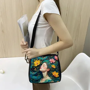 Artistic floral illustration tote bag detail showing vivid woman and flower patterns