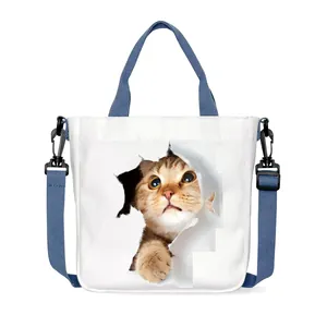 Damen Kreative 3D Katze Druck Segeltuch Tragetasche Süße Tiermuster Schulter Umhängetasche Mit Verstellbarem Riemen Für Schule Alltag