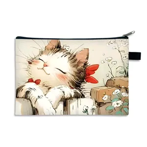 Trousse à maquillage minimaliste en toile avec imprimé chat et fermeture éclair