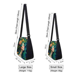 Size comparison of large and small black tote bags with blue-haired woman art print