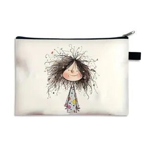 Flat travel makeup bag with cute cartoon girl print and sturdy black zipper closure