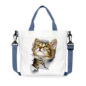 Weiße Segeltuchtasche mit 3D-Katzenprint und blauem, verstellbarem Schultergurt