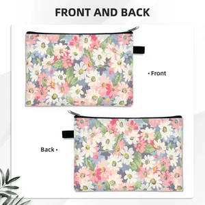 Floral makeup bag with zipper showing front and back views in pink and blue patterns