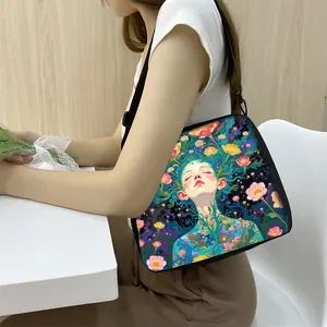 Women Artistic Floral Portrait Print Shoulder Bag Korean Style Large Capacity Polyester Underarm Tote Crossbody Bag For Daily Travel