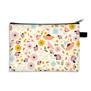 Floral print large capacity cosmetic bag with black zipper and side hanging loop