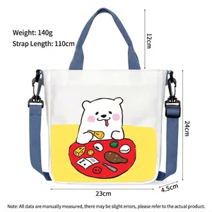 Cartoon bear white canvas tote bag with dimensions 23x24cm and adjustable strap