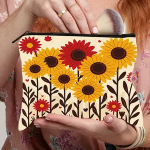 Women Sunflower Print Makeup Bag Large Capacity Polyester Cosmetic Bag Portable Toiletry Organizer With Zipper For Travel Daily Use
