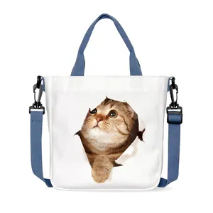 Weiße Canvas-Tasche mit 3D-Katzenprint, blauen Griffen und abnehmbarem blauem Schultergurt