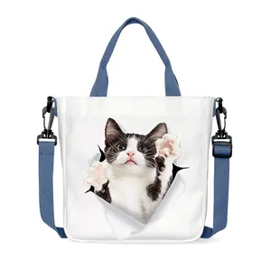 Weiße Canvas-Tasche mit 3D-Katzenprint und marineblauen verstellbaren Schultergurten