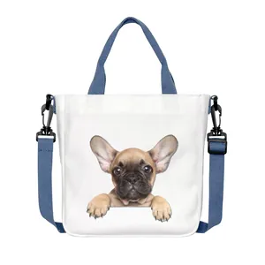 Canvas tote bag with cute French Bulldog print and adjustable blue crossbody strap