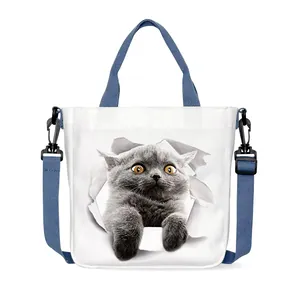 Weiße Canvas-Tasche mit 3D-Katzenmotiv und verstellbarem dunkelblauem Schultergurt