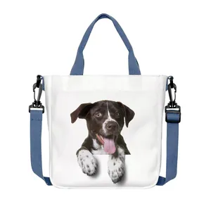 White canvas tote bag with cute 3D puppy print and blue adjustable shoulder strap