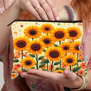 Portable sunflower print cosmetic bag for women with durable zipper and large capacity