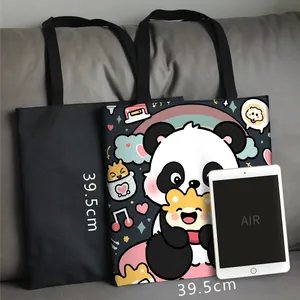Cartoon Panda Printed Large Capacity Polyester Tote Bag For Students Tutoring Portable Shoulder Bag Cute Casual Animal Handbag