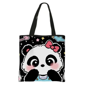 Black polyester school tote bag with cute cartoon panda print and large capacity