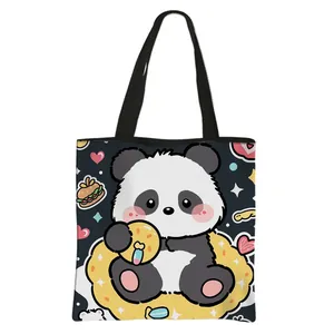 Cute panda cartoon print student tote bag with large capacity black polyester handles