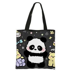 Black polyester tote bag with cute panda print and durable handles for school or casual use