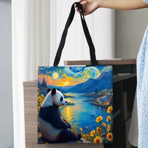 Sac fourre-tout artistique panda peinture à l'huile avec motif ciel étoilé et tournesols