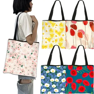 Women Large Capacity Polyester Tote Bag Casual Floral Print Shoulder Bag Portable Shopping Bag Flower Pattern Handbag