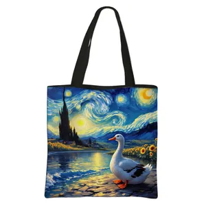 Sac fourre-tout style peinture à l'huile avec motif nuit étoilée et canards